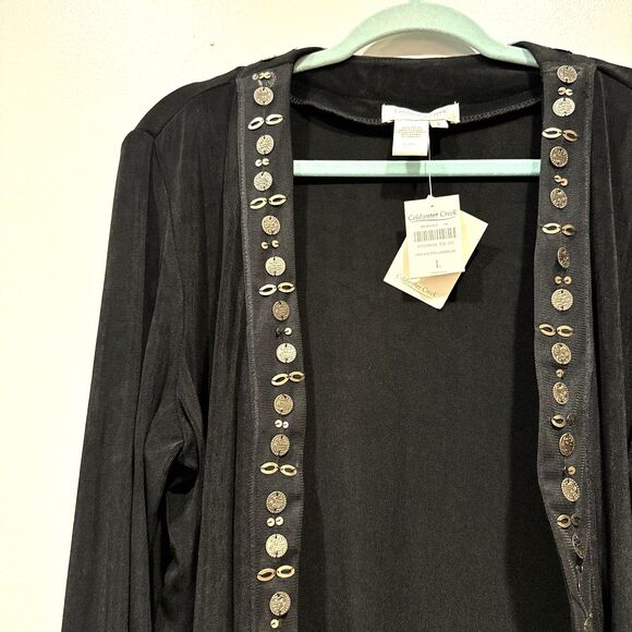 NWT Coldwater Creek Cardigan Travel Knit Embellished Open Front Women sz L Black - Picture 3 of 9